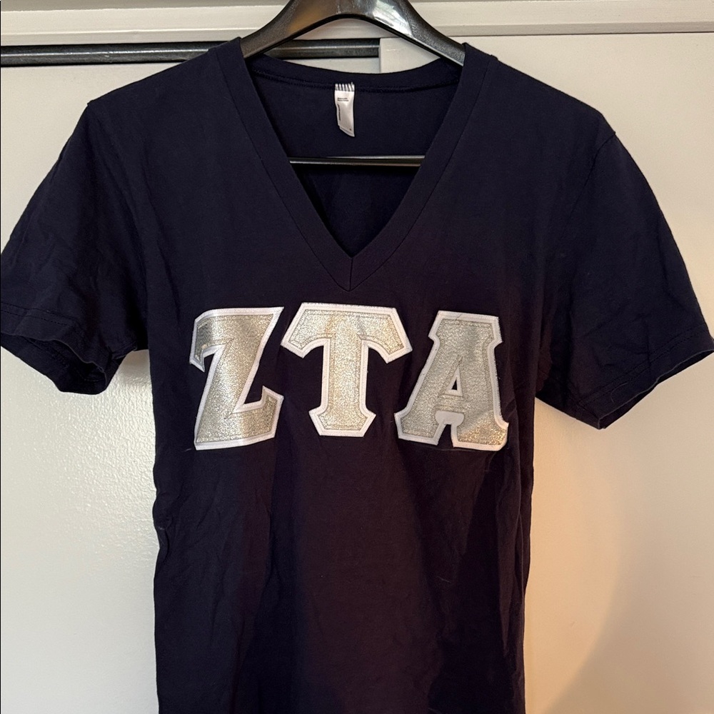 American Apparel Navy Blue Tee with Silver Letters ZTA
